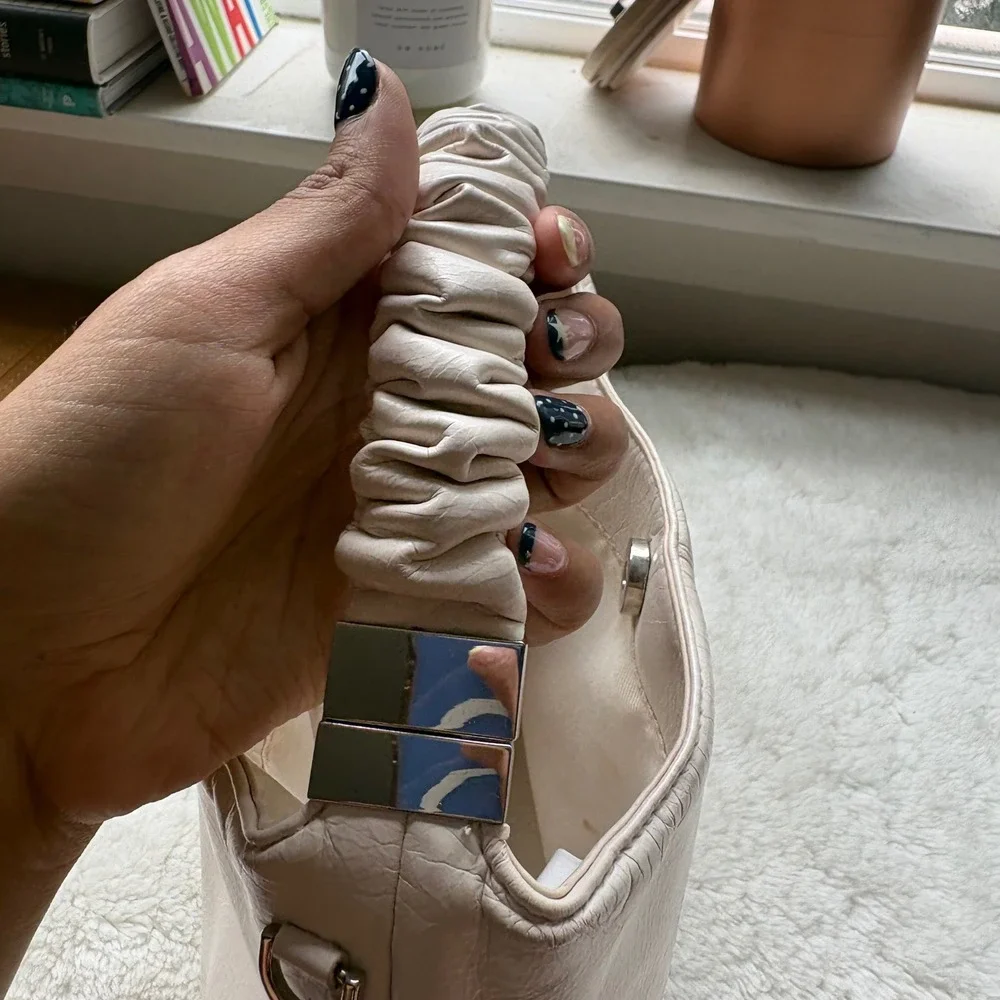 A New Day Cream Ruched Handle Shoulder Bag Faux Leather Minimalist Ivory Hobo